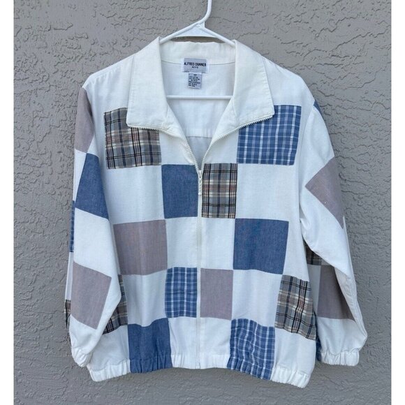 VTG Alfred Dunner Patchwork Jacket Zip Up  Blazer Sz 16P Pockets Blue Tan Denim - Picture 1 of 8